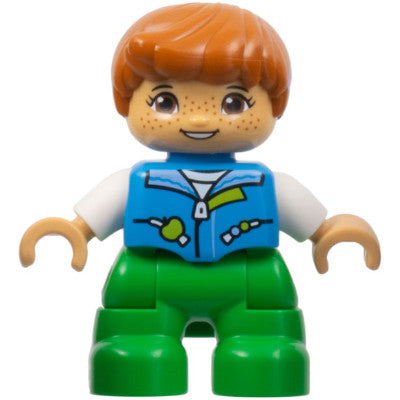 Minifig 47205pb097 - Duplo Figure Lego Ville, Child Boy, Bright Green Legs, Dark Azure Vest, White Shirt, Dark Orange Hair, Hearing Aids (6443276)