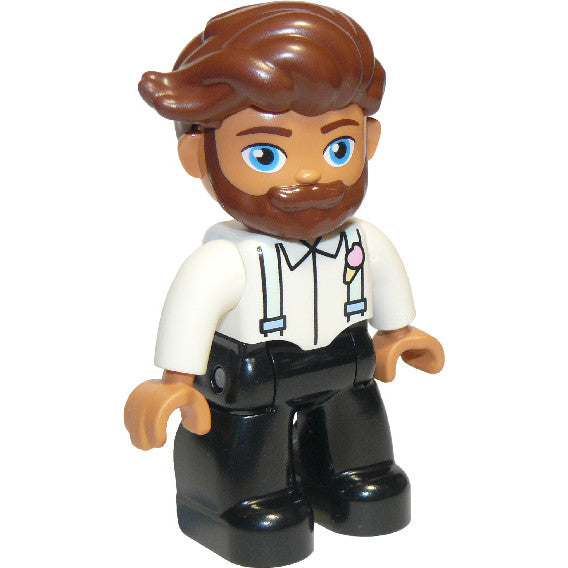 Minifig 47394pb280 - Duplo Figure Lego Ville, Male, Black Legs, White Top with Light Aqua Suspenders, Reddish Brown Hair, Beard
