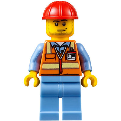 Minifig air050 - Orange Safety Vest with Reflective Stripes, Medium Blue Legs, Red Construction Helmet, Smirk and Stubble Beard