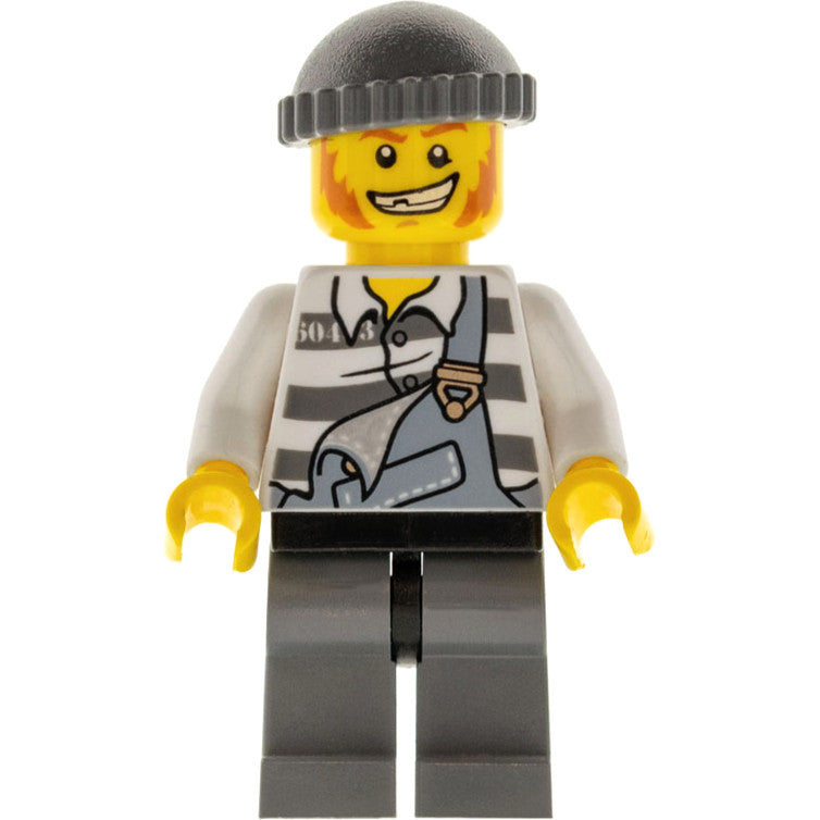 Minifig col283 - Police - Jail Prisoner Torn Overalls over Prison Stripes, Dark Bluish Gray Legs and Knit Cap