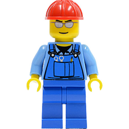 Minifig cty0029 - Overalls with Tools in Pocket Blue, Red Construction Helmet, Silver Sunglasses