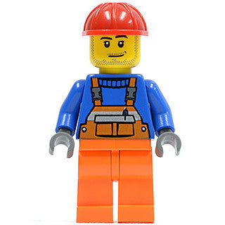 Minifig cty0079 - Overalls with Safety Stripe Orange, Orange Legs, Red Construction Helmet, Smirk and Stubble Beard