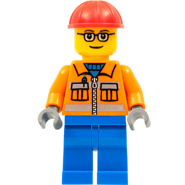Minifig cty0110 - Construction Worker - Orange Zipper, Safety Stripes, Orange Arms, Blue Legs, Red Construction Helmet, Brown Eyebrows, Glasses