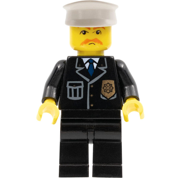 Minifig cty0128 - Police - City Suit with Blue Tie and Badge, Black Legs, Brown Moustache, White Hat