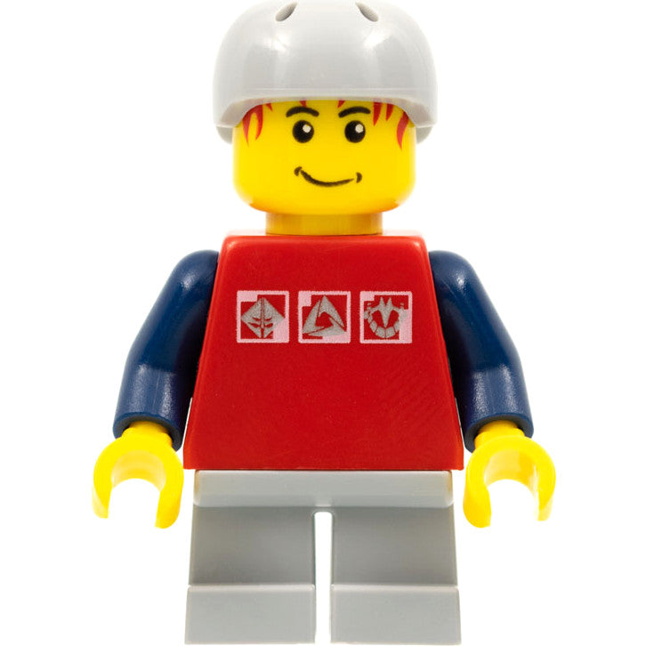Minifig cty0147 - Skateboarder, Red Shirt with Silver Logos, Dark Blue Arms, Light Bluish Gray Short Legs, Male Messy Red Hair