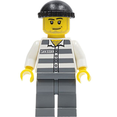 Minifig cty0200 - Police - Jail Prisoner 50380 Prison Stripes, Dark Bluish Gray Legs, Black Knit Cap, Smirk and Stubble Beard