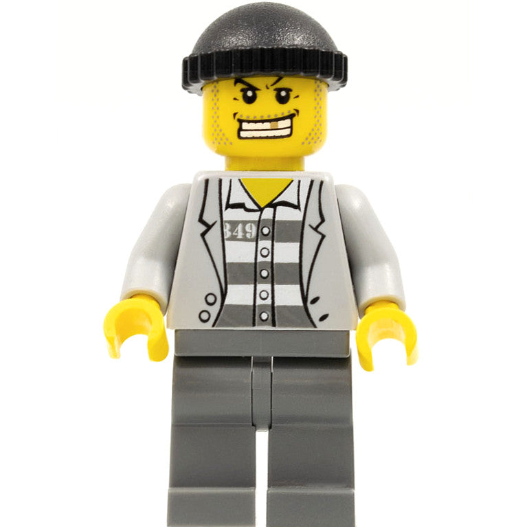 Minifig cty0206 - Police - Jail Prisoner Jacket over Prison Stripes, Dark Bluish Gray Legs, Black Knit Cap, Gold Tooth
