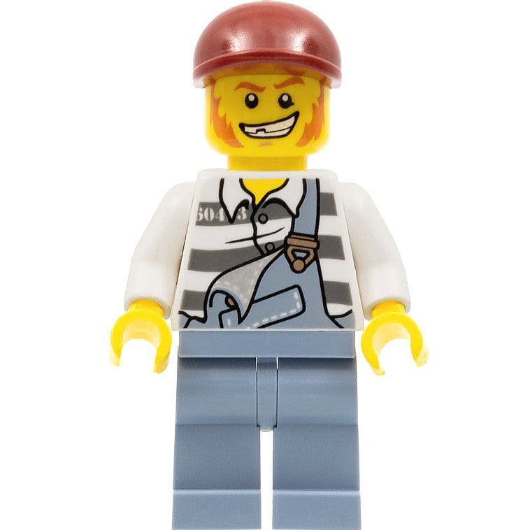 Minifig cty0265 - Police - Jail Prisoner Torn Overalls over Prison Stripes, Sand Blue Legs, Dark Red Short Bill Cap
