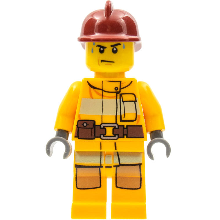 Minifig cty0279 - Fire - Bright Light Orange Fire Suit with Utility Belt, Dark Red Fire Helmet, Sweat Drops