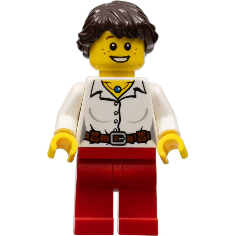 Minifig cty0281 - Blouse with Buttons, Belt and Necklace, Red Legs, Dark Brown Hair Ponytail Long French Braided