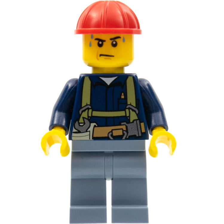 Minifig cty0530 - Construction Worker - Shirt with Harness and Wrench, Sand Blue Legs, Red Construction Helmet, Sweat Drops