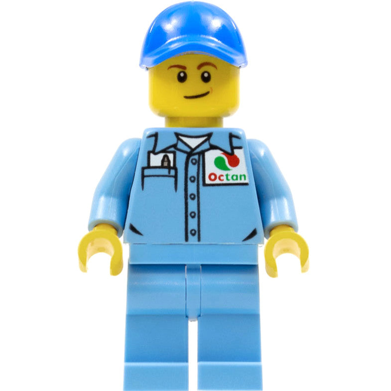 Minifig cty0689 - Medium Blue Uniform Shirt with Pocket and Octan Logo, Medium Blue Legs, Blue Cap with Hole, Lopsided Smile