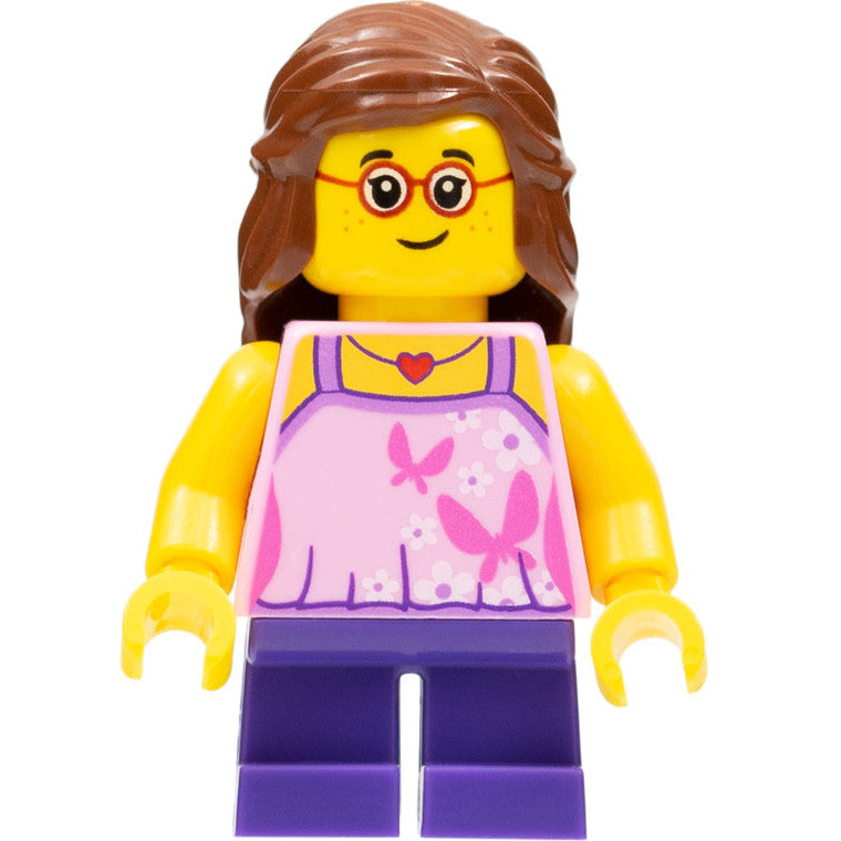 Minifig cty0767 - Child - Girl, Bright Pink Top, Dark Purple Legs, Reddish Brown Hair, Glasses, Freckles