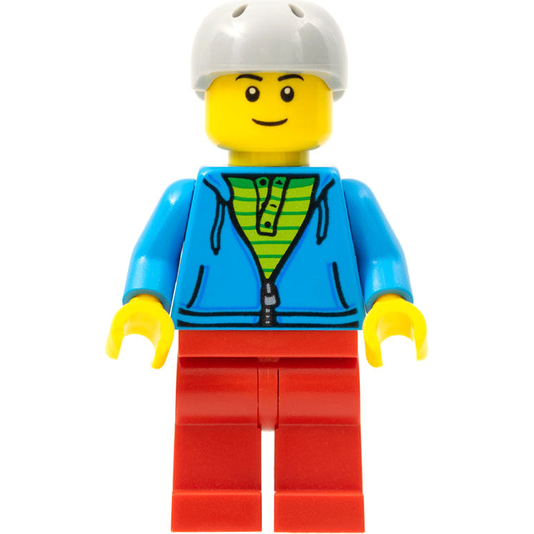 Minifig cty0785 - City Bus Passenger - Dark Azure Hoodie with Green Striped Shirt, Red Legs, Light Bluish Gray Sports Helmet