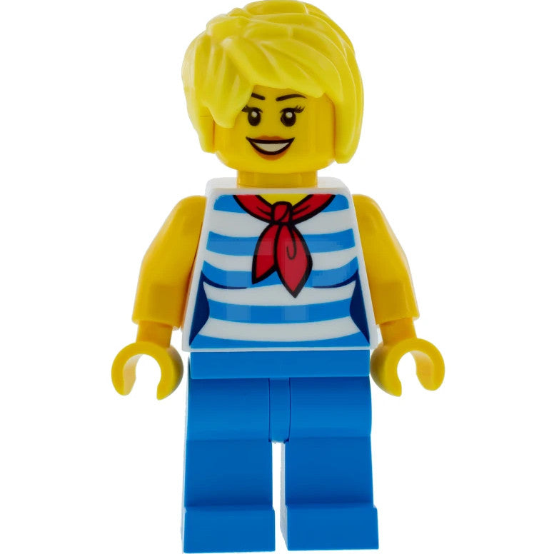 Minifig cty0938 - Ice Cream Vendor - Female, Dark Azure and White Striped Shirt with Red Scarf, Dark Azure Legs, Bright Light Yellow Short Tousled Hair with Side Part