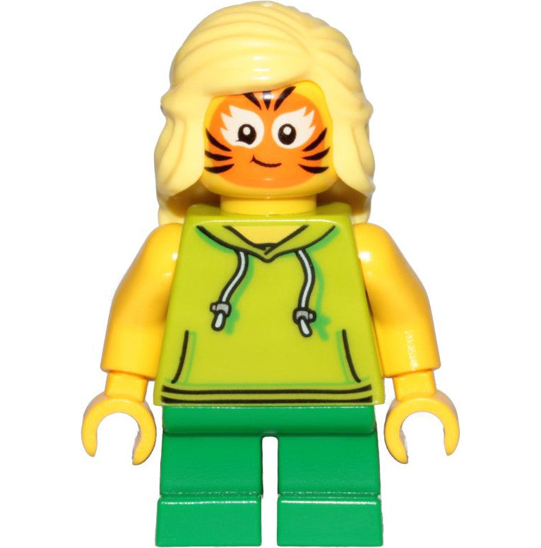 Minifig cty1014 - Girl, Lime Hoodie, Green Short Legs, Orange Cat Face Paint