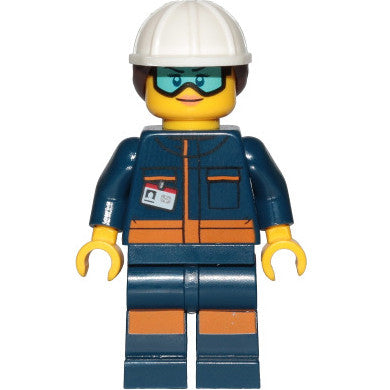 Minifig cty1060 - Ground Crew Technician - Female, Dark Blue Jumpsuit, White Construction Helmet with Dark Brown Ponytail Hair, Light Blue Goggles