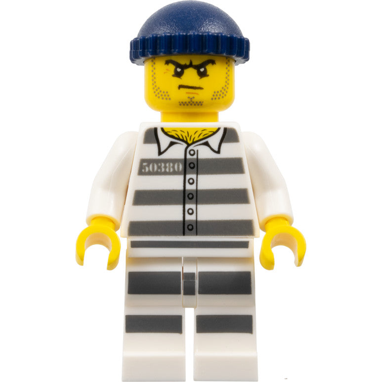 Minifig cty1127 - Police - Jail Prisoner 50380 Prison Stripes, Stubble, Dark Blue Knit Cap