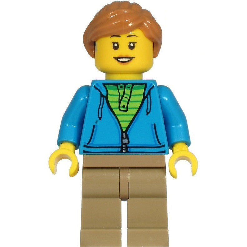 Minifig cty1221 - Woman - Dark Azure Hoodie, Dark Tan Legs, Medium Nougat Hair, Hearing Aid