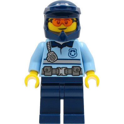 Minifig cty1243 - Police - City Officer Bright Light Blue Shirt with Silver Stripe, Badge, and Radio, Dark Blue Legs, Dark Blue Dirt Bike Helmet, Safety Glasses