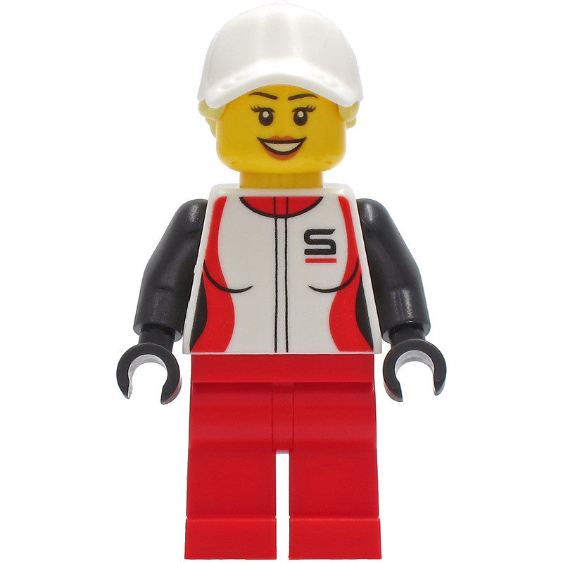 Minifig cty1269 - Woman - Red and White Racing Jacket, Red Legs, White Cap with Bright Light Yellow Ponytail Hair