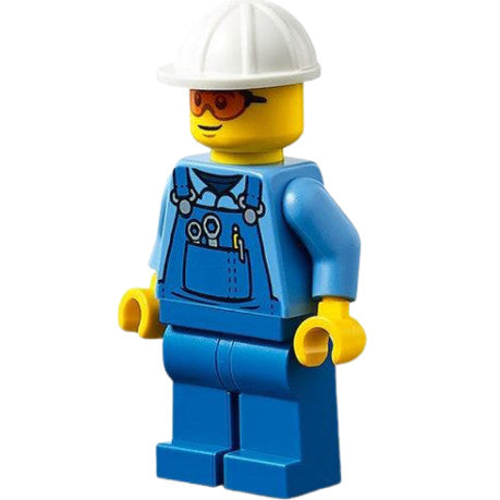 Minifig cty1274 - Roadwork Truck Driver - Male, Blue Overalls over Medium Blue Shirt, Blue Legs, White Construction Helmet, Safety Glasses, Back Print