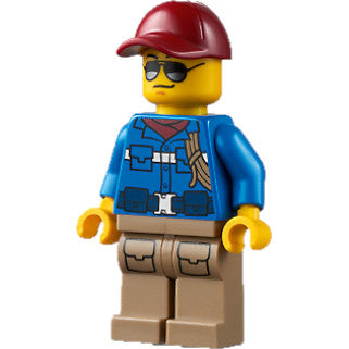 Minifig cty1303 - Wildlife Rescue Ranger - Male, Blue Shirt with 'RESCUE' Pattern on Back, Dark Red Cap, Dark Tan Legs with Pockets