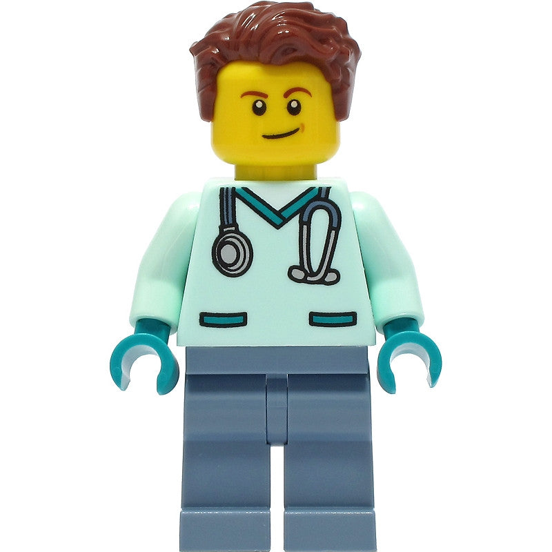 Minifig cty1304 - Wildlife Rescue Veterinarian - Male, Light Aqua Scrubs, Sand Blue Legs, Reddish Brown Hair