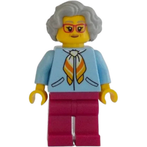 Minifig cty1342 - Woman, Bright Light Blue Jacket, Magenta Legs, Light Bluish Gray Hair, Magenta Glasses