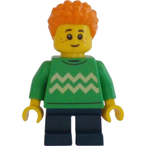 Minifig cty1343 - Child - Boy, Bright Green Sweater with Bright Light Yellow Zigzag Lines, Dark Blue Short Legs, Orange Short Coiled Hair, Freckles