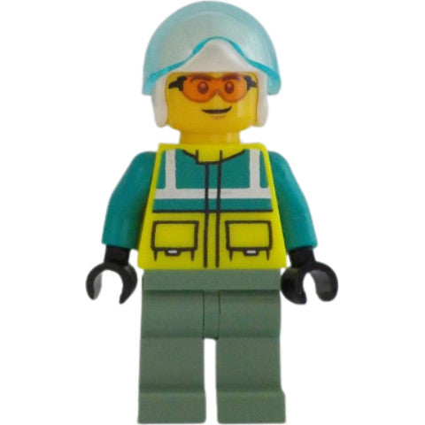 Minifig cty1344 - Rescue Helicopter Pilot - Male, Dark Turquoise and Neon Yellow Safety Vest, Sand Green Legs, White Helmet, Trans-Light Blue Visor, Safety Glasses