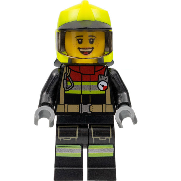Minifig cty1356 - Fire - Female, Black Jacket and Legs with Reflective Stripes and Red Collar, Neon Yellow Fire Helmet, Trans-Brown Visor (Sarah Feldman)