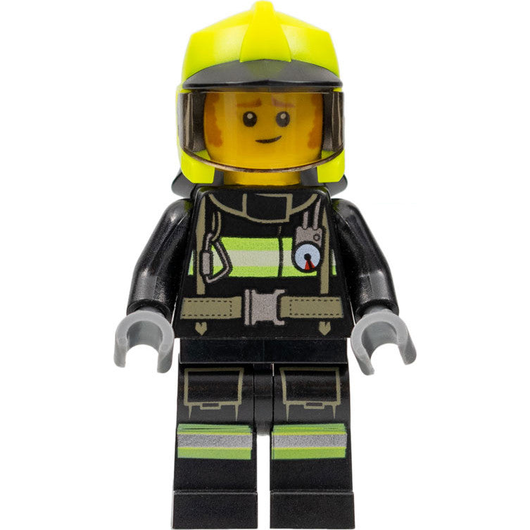 Minifig cty1358 - Fire - Fireman Clemmons, Reflective Stripes with Utility Belt, Black Legs, Neon Yellow Fire Helmet, Trans-Brown Visor, Sideburns
