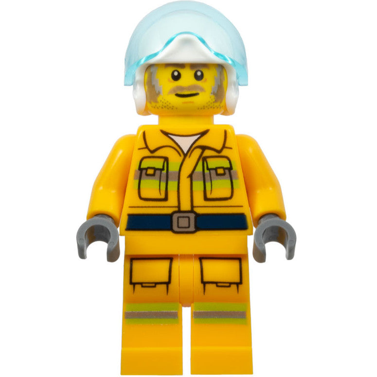 Minifig cty1369 - Fire - Reflective Stripes, Bright Light Orange Suit, White Helmet, Dark Tan and Gray Beard