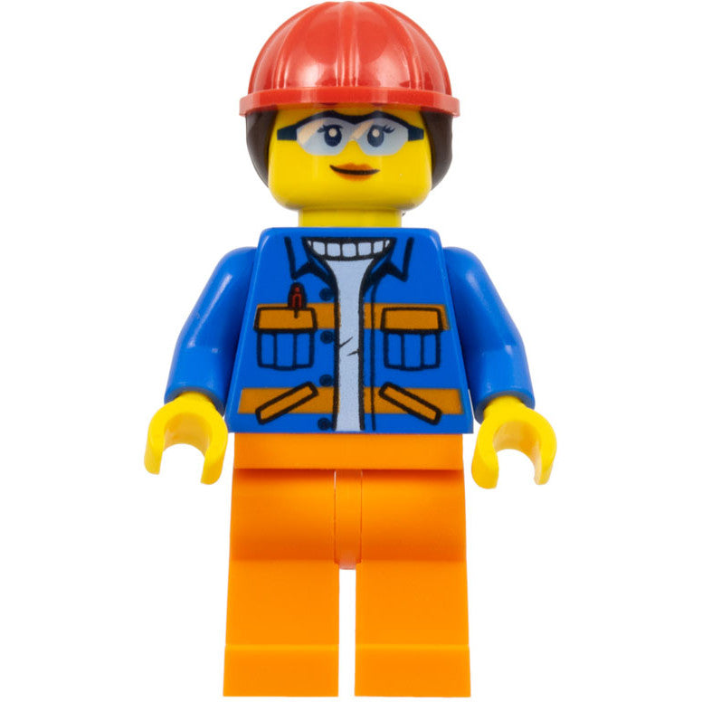 Minifig cty1402 - Construction Worker - Female, Blue Jacket with Diagonal Lower Pockets and Orange Stripes, Orange Legs, Red Construction Helmet with Dark Brown Ponytail Hair, Glasses
