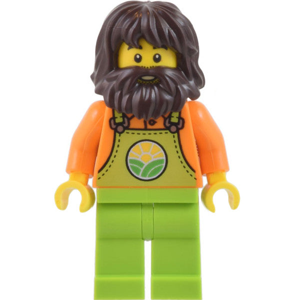 Minifig cty1442 - Farmer - Male, Lime Overalls over Orange Shirt, Lime Legs, Dark Brown Shaggy Hair and Beard