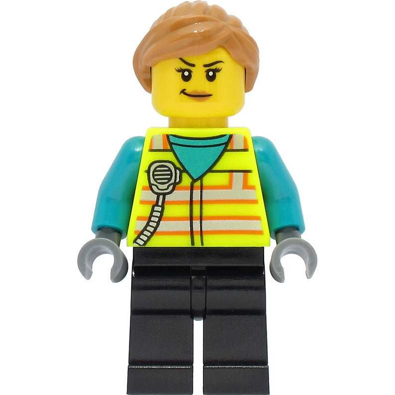 Minifig cty1464 - Train Driver - Female, Neon Yellow Safety Vest with Radio, Black Legs, Medium Nougat Ponytail Hair