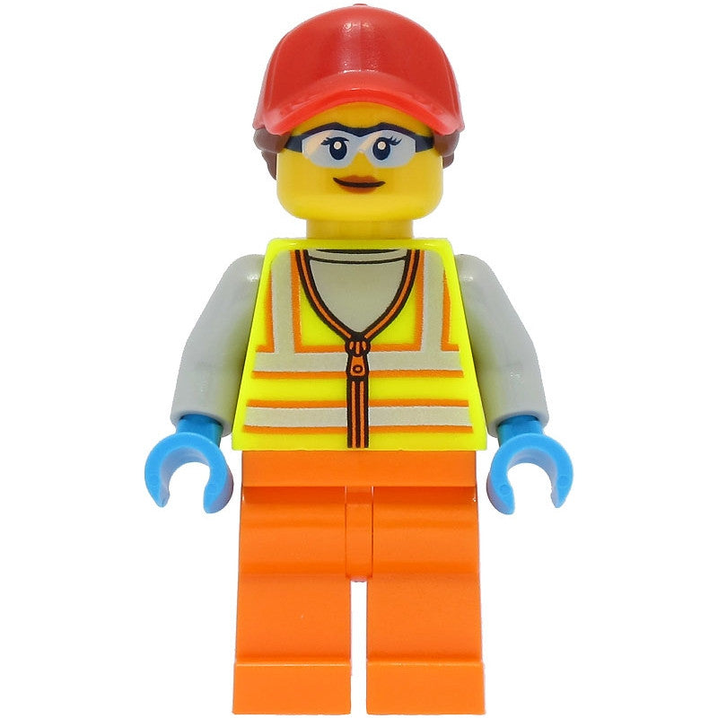 Minifig cty1467 - Reach Stacker Driver - Female, Neon Yellow Safety Vest, Orange Legs, Red Cap with Reddish Brown Ponytail