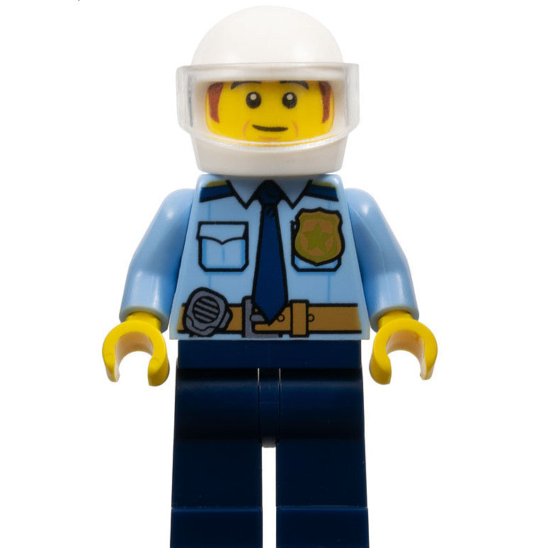 Minifig cty1548 - Police - City Shirt with Dark Blue Tie and Gold Badge, Dark Tan Belt with Radio, Dark Blue Legs, White Helmet, Sideburns