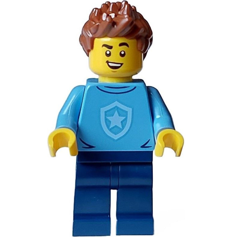 Minifig cty1561 - Police - City Officer in Training Male, Medium Blue Shirt with Badge, Dark Blue Legs, Reddish Brown Hair, Open Mouth Smile