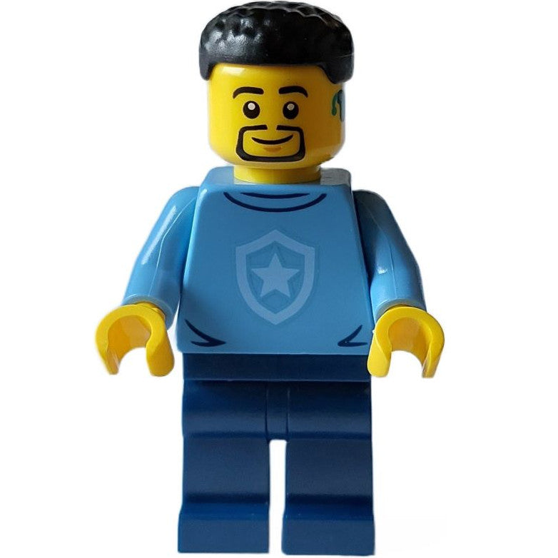 Minifig cty1563 - Police - City Officer in Training Male, Medium Blue Shirt with Badge, Dark Blue Legs, Black Short Hair, Beard, Hearing Aid