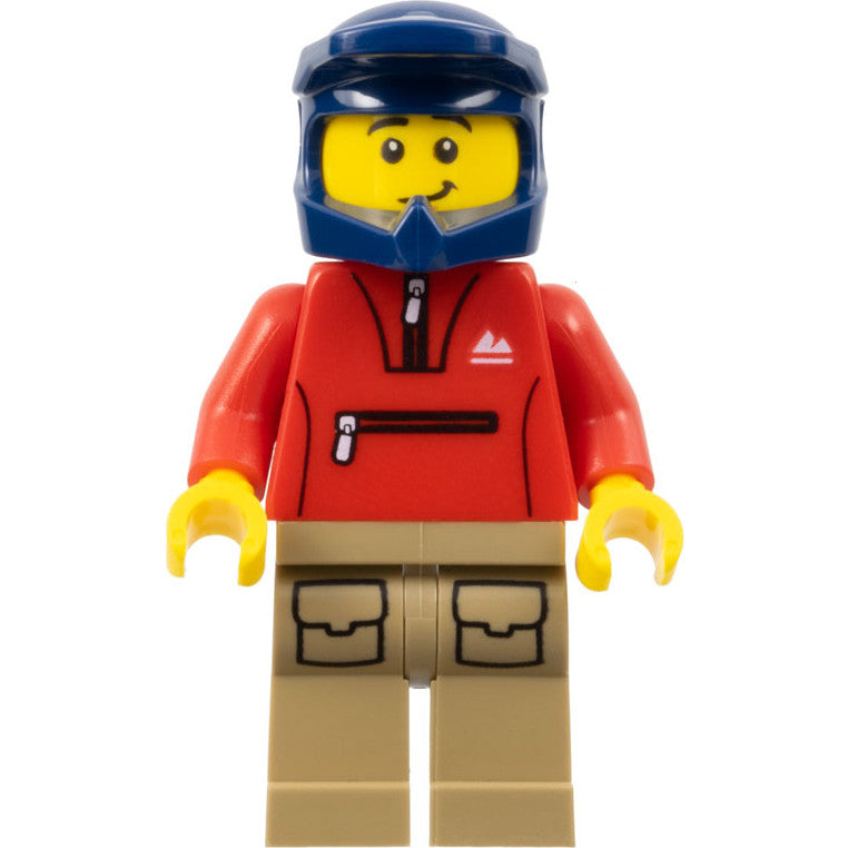 Minifig cty1571 - Mountain Bike Cyclist - Male, Red Tracksuit, Dark Tan Legs with Pockets, Dark Blue Dirt Bike Helmet, Lopsided Smile