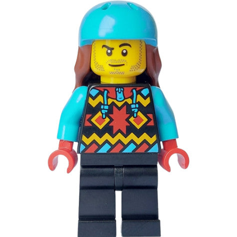 Minifig cty1633 - Snowboarder - Male, Geometric Jacket, Black Legs, Medium Azure Sports Helmet, Reddish Brown Long Hair