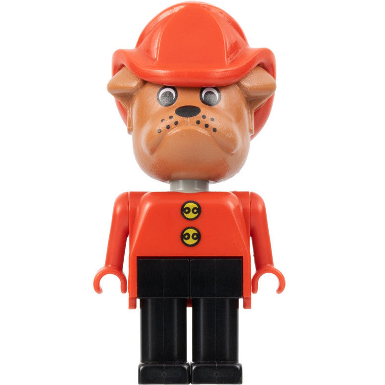 Minifig fab2f - Fabuland Bulldog - Barty Bulldog (Fire Chief), Brown Head, Red Fire Helmet, Black Legs, Buttons
