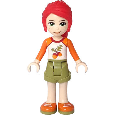 Minifig frnd0289 - Friends Mia - Olive Green Shorts, White Top with Orange Sleeves and Acorns