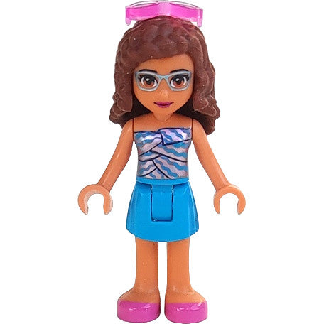 Minifig frnd0380 - Friends Olivia (Nougat) - Dark Azure Skirt, Dark Azure and Bright Pink Top, Dark Pink Shoes, Sunglasses