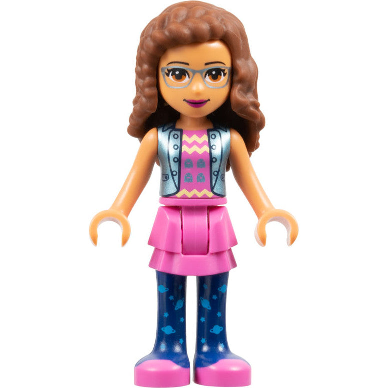 Minifig frnd370 - Friends Olivia (Nougat) - Dark Pink Skirt and Dark Blue Leggings, Dark Pink Top with Blue Jacket