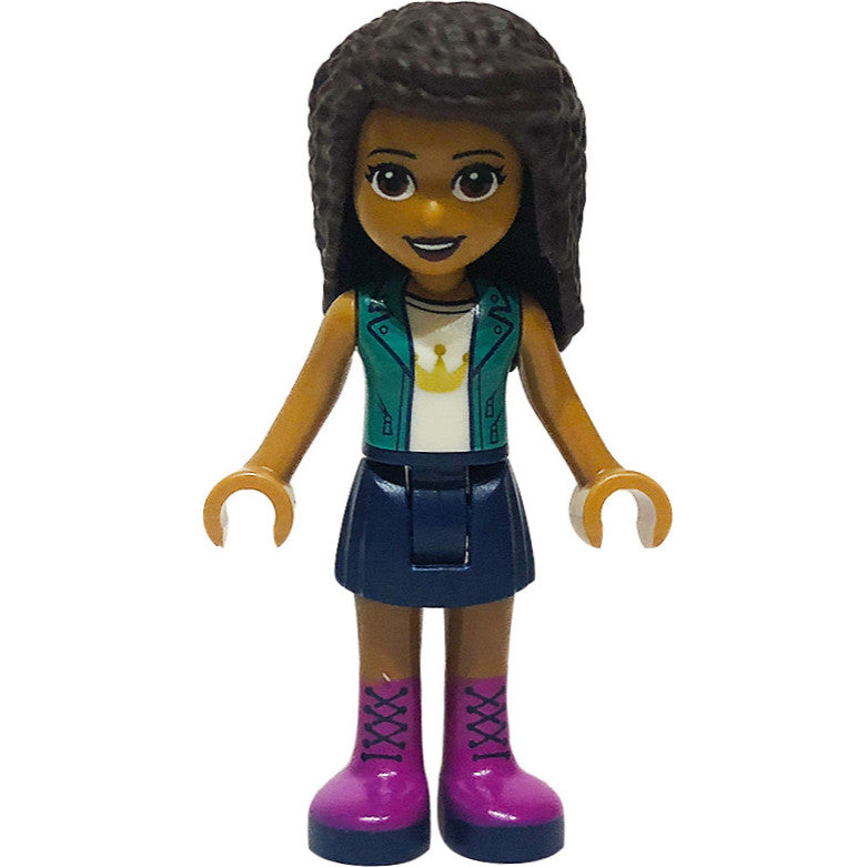 Minifig frnd415 - Friends Andrea - Dark Blue Skirt, Dark Turquoise Jacket over White Top with Crown