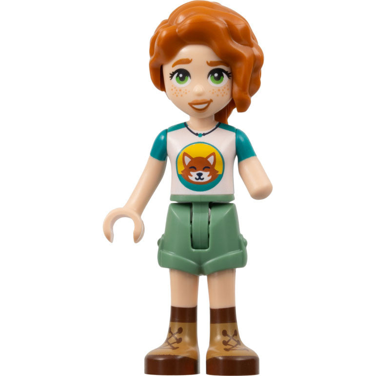 Minifig frnd584 - Friends Autumn - Dark Turquoise and White Top with Fox, Sand Green Shorts, Nougat and Reddish Brown Boots