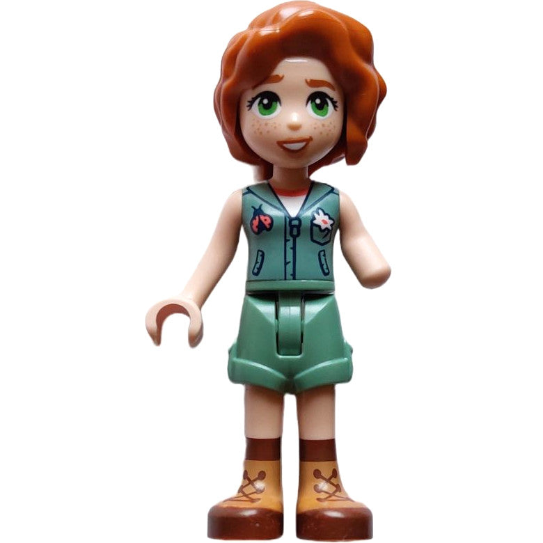 Minifig frnd598 - Friends Autumn - Sand Green Vest over White Shirt, Sand Green Shorts, Nougat and Reddish Brown Boots